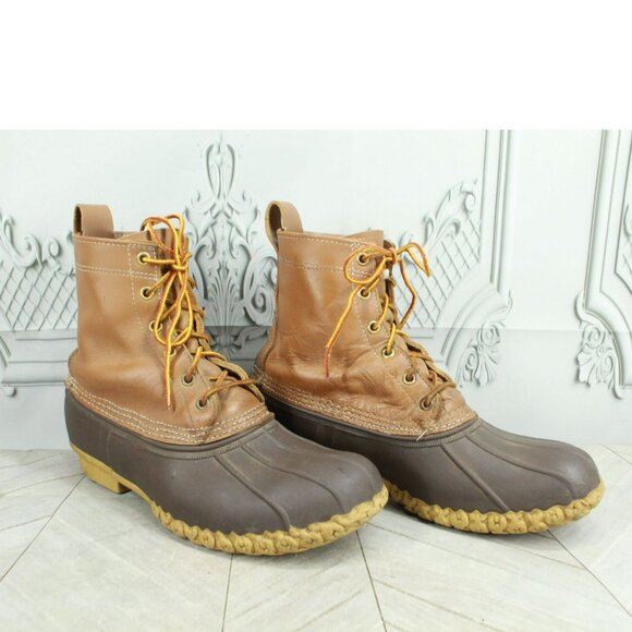 LL Bean Brown Leather Lace Up Round Toe Unlined Ankle Duck Boots Size 9 M - Picture 2 of 9